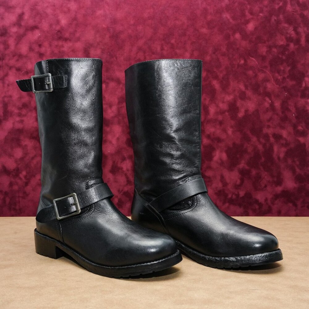 Free People Women Engineer Black Leather Buckle Moto Biker Boots sz 9